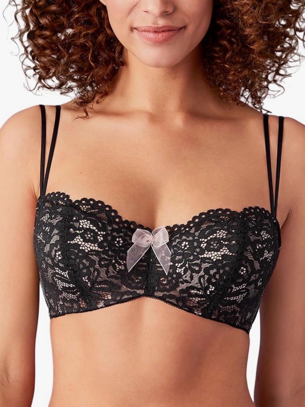 Black Lace Balconette Bra with Double Straps and Sheer Bow 32D